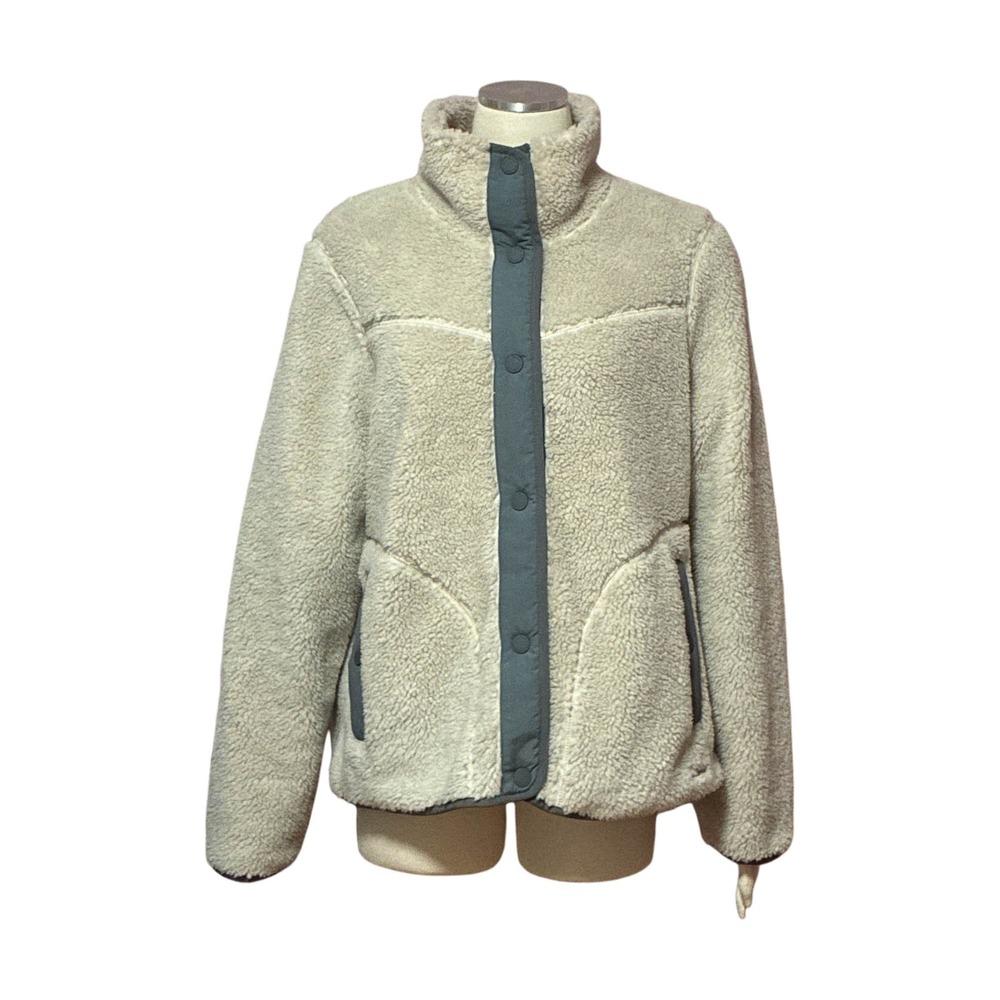 LL Bean Mountain Pile Fleece Jacket Beige Gray Snap Front 515832 Womens Large